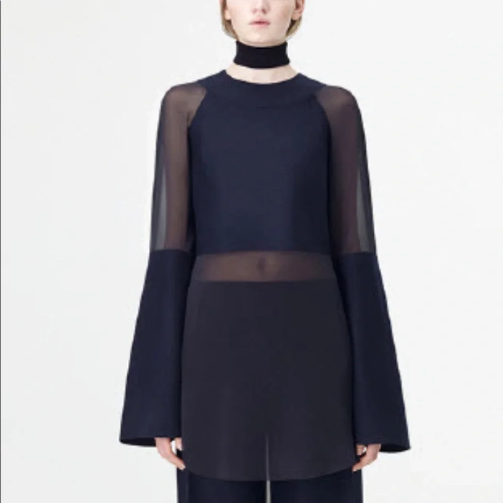 COS Silk Chiffon Top with Bonded Wool Panels in Navy - Picture 3 of 10